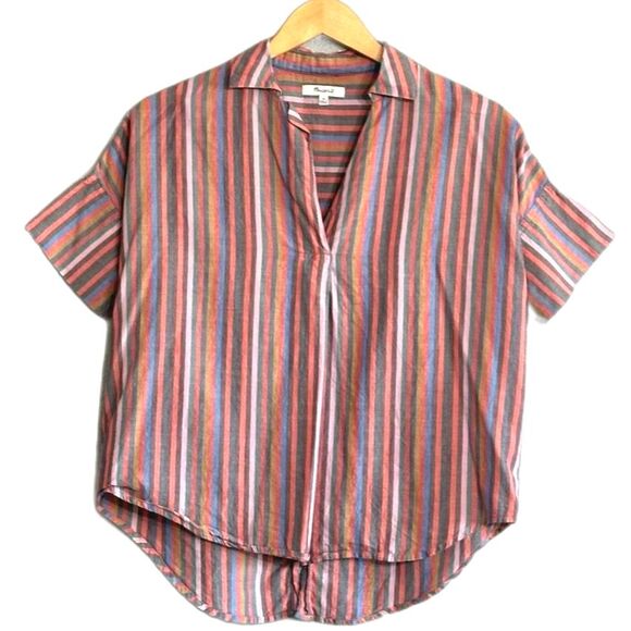 Madewell Courier Shirt Button Back Rainbow Multicolor Striped Collar Oversize XS - Picture 1 of 3